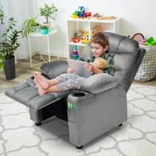 Homasis Kids Youth Recliner Chair Velvet Fabric W/Cup Holder & Side Pocket - Grey - View 2