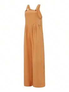 Womens Fashion Solid Color Jumpsuit Casual Button Wide Leg Suspender Overalls With Pockets - 芥末黃 - 查看 3