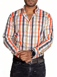 PLATINUM STORES Men's Casual Long Sleeve Checkered Shirt Orange, Beige, White Cotton Office Shirt - 橘色 - 查看 4