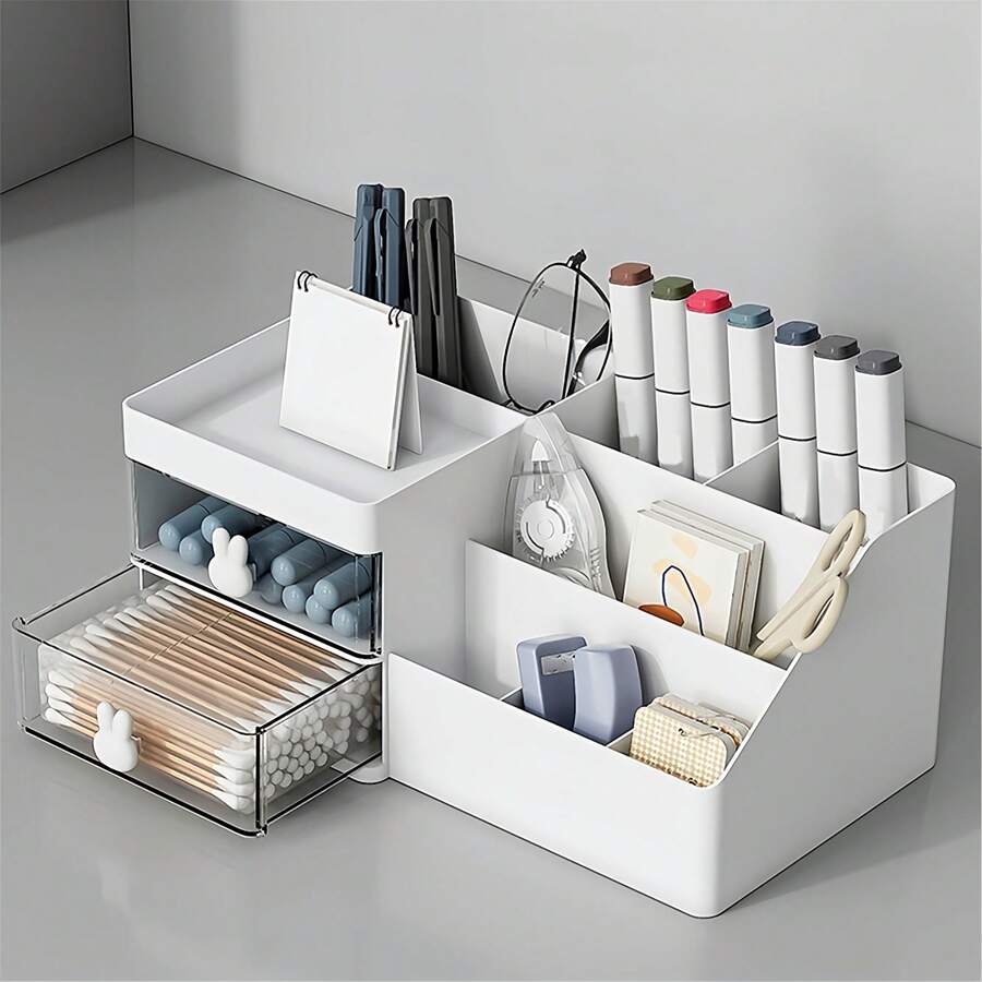 1入組帶有2個抽屜的桌面收納盒,時尚實用的透明抽屜收納盒,非常適合浴室、化妝、辦公室和學生桌檯管理