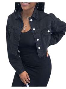 Women's Denim Short Coat, Solid Color Long Sleeve Lapel Jacket Button Down Distressed Hem Crop Jeans Coat - 黑色 - 查看 3