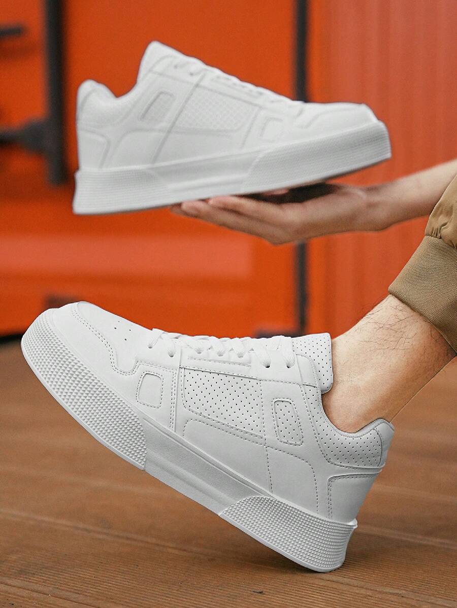 Nouvelles chaussures d'athlétisme pour hommes 2024, chaussures de skate à semelle épaisse avec laçage, chaussures décontractées à tige basse de couleur unie pour hommes, baskets toutes saisons, convenant pour la course en extérieur, le skateboard et d'autres activités de plein air - Blanc - Voir 1