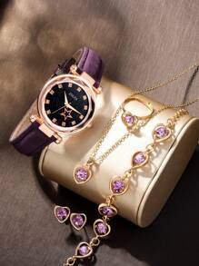 1 Reloj de cuarzo con esfera redonda decorada con diamantes de imitación y correa de PU negro y 5 piezas de set de joyería (pulsera, collar, anillo, aretes) decorados con diamantes de imitación con forma de corazón, para uso diario, fiestas y como regalo para estudiantes que vuelven a la escuela en San Valentín - Morado - Ver 2