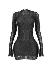 Rochie mini cu mânecă lungă, slim, cu dantelă Flirty - Negru - Vizualizare 6