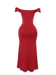 Off-The-Shoulder Ruched Mermaid Formal Dress, Slimming Design, Elegant Prom Evening Dress, For Wedding Guest, Graduation, Dinner, Party Dress,Gown Spring - Red - View 3