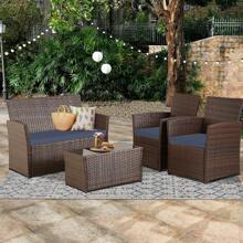 Four -Piece Courtyard Set, With Cushions And Coffee Tables, Outdoor Leisure Dialogue Sofa Combinations, Suitable For Gardens, Terraces, Etc., Home Or Commercial Places - 藍色 - 查看 3