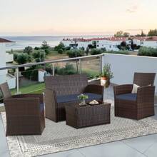 Four -Piece Courtyard Set, With Cushions And Coffee Tables, Outdoor Leisure Dialogue Sofa Combinations, Suitable For Gardens, Terraces, Etc., Home Or Commercial Places - 藍色 - 查看 2