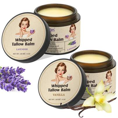  Juego de cuidado de la piel AKBAN de 120 ml (aroma a vainilla y lavanda) - Crema hidratante para rostro y Body, bálsamo de sebo de pasto, loción corporal rica en aceite de oliva, emulsión nutritiva natural para la piel, apta para piel seca, promueve un aspecto saludable y radiante, crema facial orgánica de sebo de pasto, loción corporal y bálsamo labial, 4 oz, fragancia de vainilla/lavanda