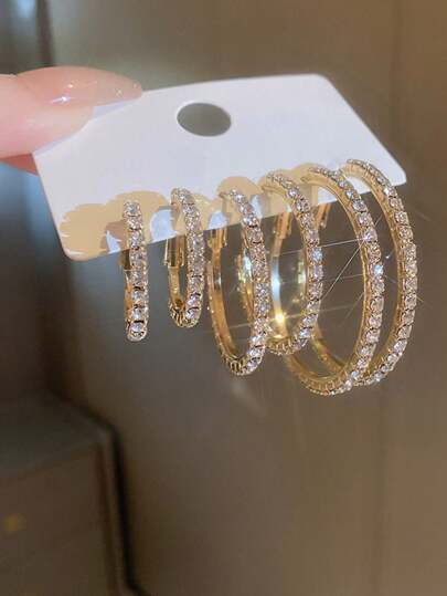 3 Pairs Fashionable Sparkling Earrings, Luxury Creative Simple Rhinestone Decorated Hoop Earrings In Large, Medium And Small Sizes