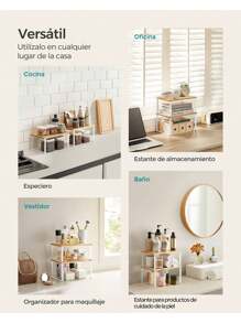 SONGMICS Estante para Especias, Juego de 2, Organizador de Armario, Estante de Almacenamiento de Cocina Extensible, Especiero de Metal y Madera de Ingeniería, Blanco Nube y Beige Natural