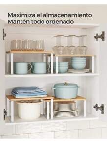 SONGMICS Estante para Especias, Juego de 2, Organizador de Armario, Estante de Almacenamiento de Cocina Extensible, Especiero de Metal y Madera de Ingeniería, Blanco Nube y Beige Natural