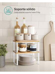 SONGMICS Estante para Especias, Juego de 2, Organizador de Armario, Estante de Almacenamiento de Cocina Extensible, Especiero de Metal y Madera de Ingeniería, Blanco Nube y Beige Natural