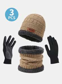3 件冬季保暖套装（帽子+围巾+手套），纯黑色加厚针织帽，防滑手套，保暖围巾，秋冬 - 3Pcs - 查看 18