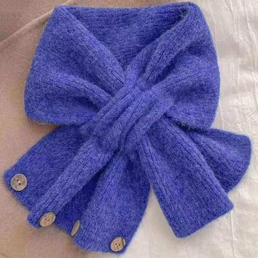 Knitted Short Cross Scarf Solid Color Neck Warmer Winter Warm Fake Collar Women - Blue - View 1