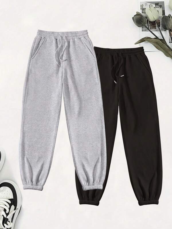 Casual Fashion All-In-One Plus Fleece Solid Color Drawstring Waist Sweatpants Two-Piece Set, Women's Two Sets Of Warm Plus Fleece Sports Bunched Feet Sports Sweatpants, Suitable For Autumn And Winter Season, Women's Sports Sweatpants, Smart Fashion, Enjoy Sports Time