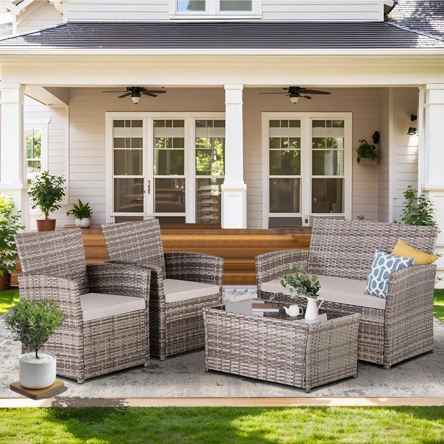 Four -Piece Courtyard Set, With Cushions And Coffee Tables, Outdoor Leisure Dialogue Sofa Combinations, Suitable For Gardens, Terraces, Etc., Home Or Commercial Places - 灰色 - 查看 1