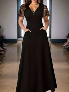 2024 秋冬纯色拼布口袋拉链连衣裙（蕾丝袖） - 黑色 - 查看 3