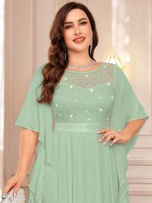 加大优雅蝴蝶袖雪纺亮片蕾丝紧身晚会长裙 - 薄荷綠 - 查看 7