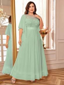 加大优雅蝴蝶袖雪纺亮片蕾丝紧身晚会长裙 - 薄荷綠 - 查看 6