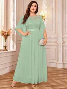 加大优雅蝴蝶袖雪纺亮片蕾丝紧身晚会长裙 - 薄荷綠 - 查看 4