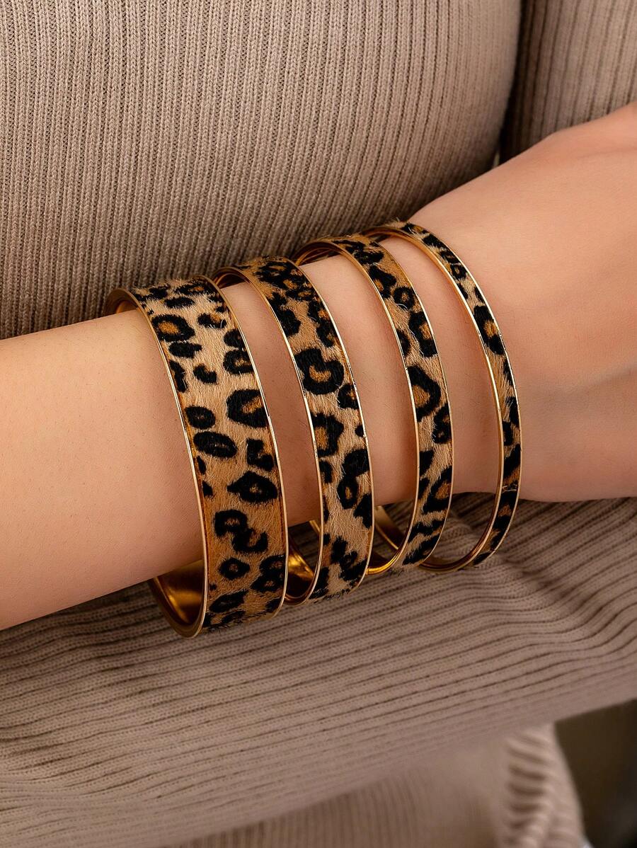 Set de 4 piezas de brazaletes minimalistas de estampado de leopardo en, set de brazaletes apilables para mujeres