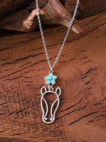 Vintage Western Style Ox Head Flower Turquoise Hollow Pendant Necklace Women Bohemian Farmhouse Personalized Necklace Gift For Her Valentines,Mom,Mother,Mother's Day,Gift