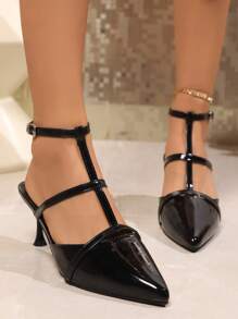 Women's Patent Leather Pointed Toe Stiletto High Heels Sexy Ankle Strap Pumps With Buckle, Black/T-Strap/Luminous Leather Element/Fashionable Design