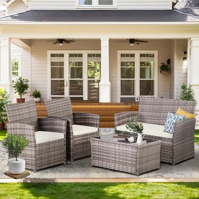 Four -Piece Courtyard Set, With Cushions And Coffee Tables, Outdoor Leisure Dialogue Sofa Combinations, Suitable For Gardens, Terraces, Etc., Home Or Commercial Places