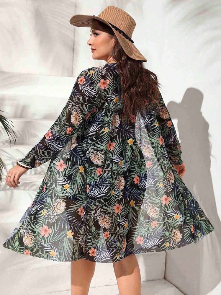 Conjunto de traje de baño estampado tropical de talla grande top de tirantes con cordón y kimono de verano para mujer moda 3 piezas - Negro - Añade 2