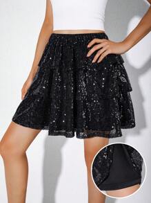 Tween Girl Fashionable Sequined Cake Skirt, Party Dance Tutu (Y0833) - Black - View 1