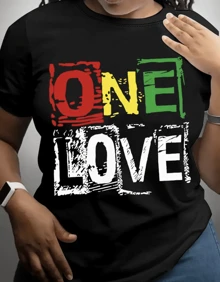 ONE LOVE Print Crew Neck T-Shirt - Fashionable Womens Graphic Print T-Shirt - Casual Short Sleeve Crew Neck Top - Lightweight & Breathable For Spring & Summer Wardrobe, 1 Piece, 200g - 黑色 - 查看 1