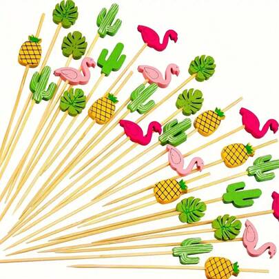 25/50/100pcs Tropical Hawaiian Style Bamboo Skewers - 4.7 Inch Bamboo Skewers Decorated With Flamingo, Pineapple, Cactus And Monstera Leaf, Suitable For Various Parties And Festivals