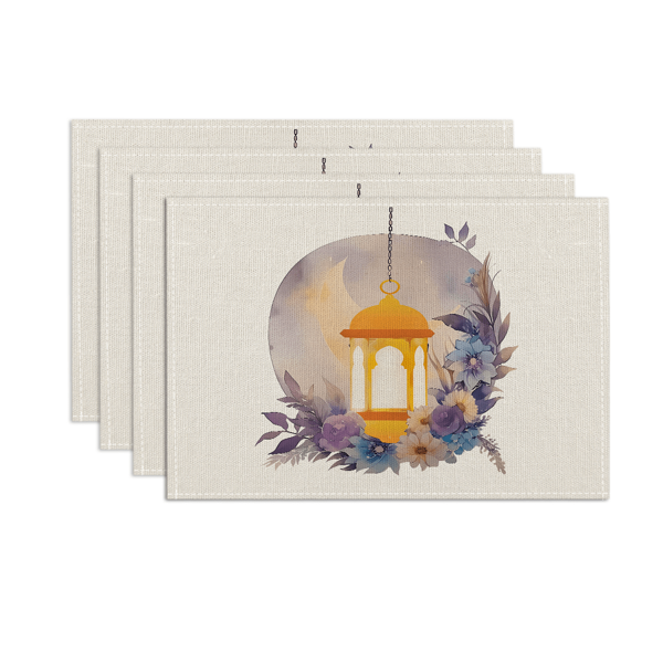 4 件月亮形花卉印花餐垫，现代亚麻外观防滑可洗桌垫，适用于节日派对、餐厅、厨房、家居装饰（开斋节主题）