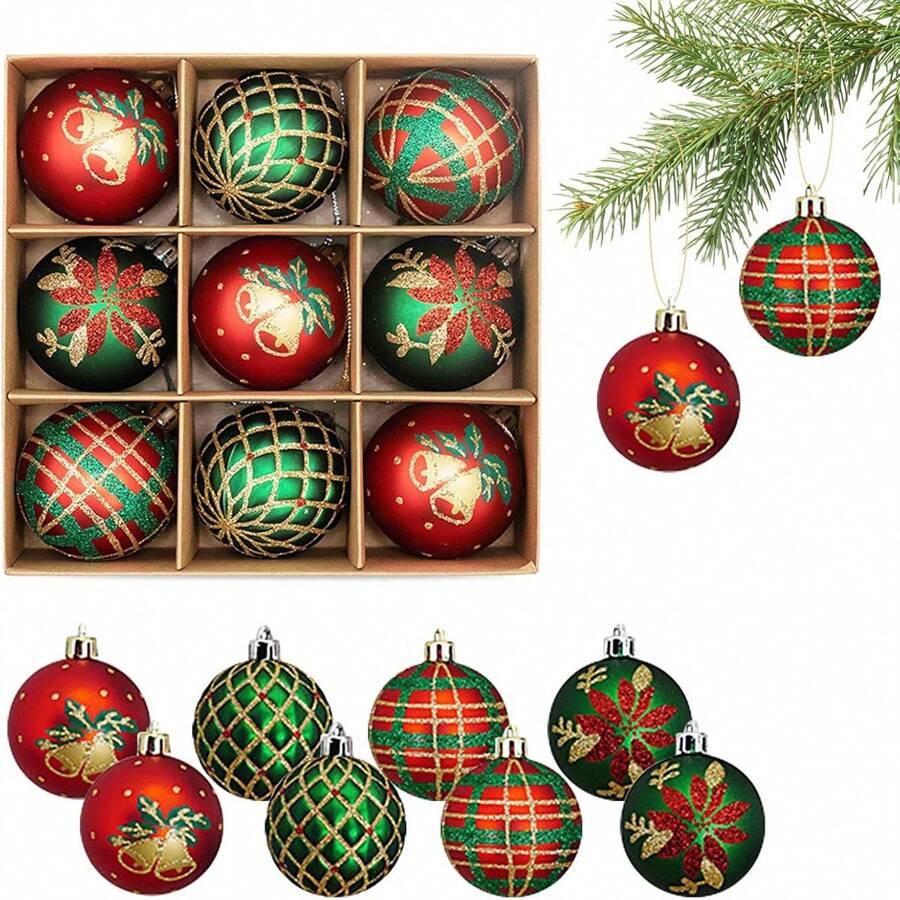 9 Piezas Bolas de Navidad Adornos de Bolas de Navidad de 60 mm Decoración de Árbol de Navidad Bolas Inastillables Adornos de Bolas Colgantes Decorativos de Temporada para Fiesta de Navidad Boda Vacaciones Decoración del Hogar Rojo Verde