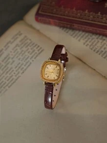 1pc New Vintage French Style Engraved Gold Square Small Dial Women's Watch, Fashion Minimalist Elegant Luxury Petite Waterproof Coffee Leather Strap Classic Quartz Ladies Wrist Watch Suitable For Daily Wear, Parties And Other Occasions - Coffee Brown - View 8