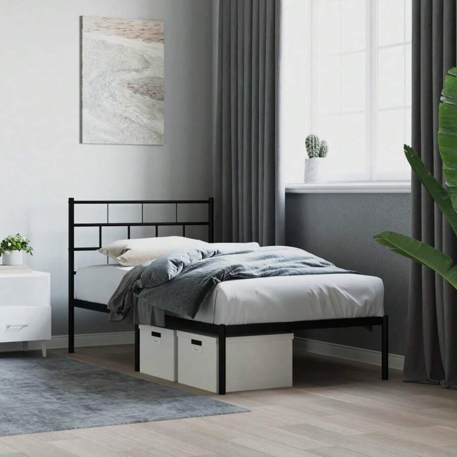Black Metal Bed Frame With Headboard 75x190cm No Mattress Included Sturdy Design Modern Style - Black - View 1