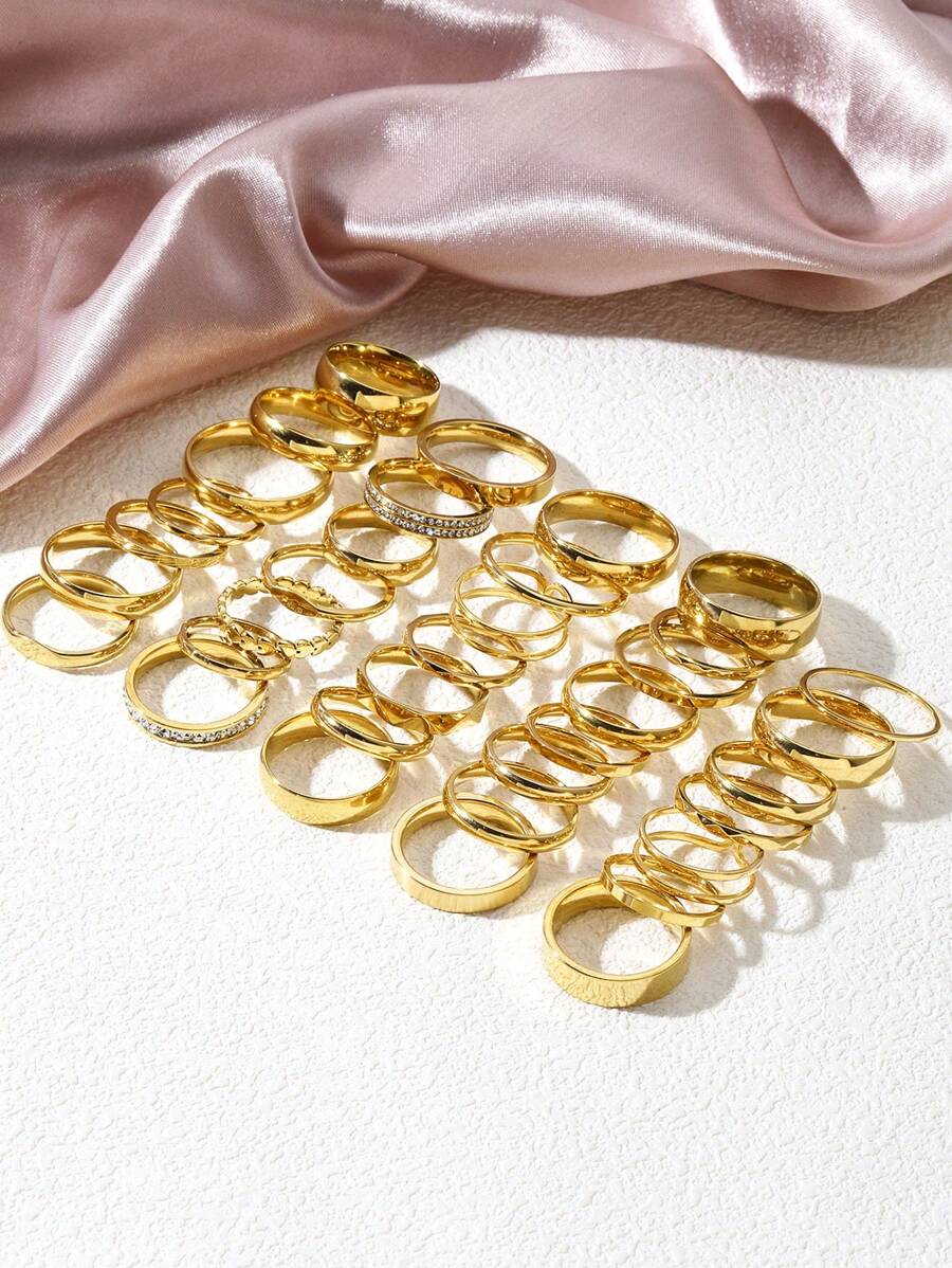 10/20/30/40件套简约精致百搭不锈钢18k镀金指节戒指极品女士装饰戒指，6-10号随机尺寸，女士礼物线条简约戒指带钻石闪亮适合女性日常佩戴 - 彩色 - 查看 1
