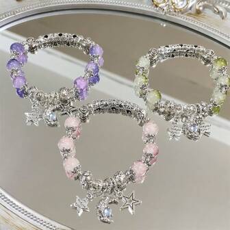 1pc New Chinese Style Moon & Star Beaded Bracelet, Unique INS Design Colorful Gemstone Charm Bracelet, Suitable For Daily Wear And Parties, Perfect Gift For Friends And Family