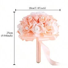 优雅橙色玫瑰和珍珠缎带新娘花束，假 PE 泡沫玫瑰婚礼伴娘花束永生花 W928B - 直徑20cm 高25cm - 查看 12