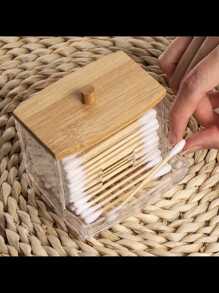 1/2pcs Acrylic Qtip Holder With Bamboo Lid, Clear Small Swab Dispenser, Plastic Ear Stick Swabs Holder, Toothpick Storage Container, Bathroom Countertop Decorative Storage Organizer - Multicolor - View 6