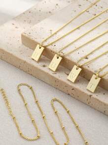 2pcs Stainless Steel Double Layer Chain 26 Letters A-Z Name Initial Pendant Necklace, Women Daily Wear Jewelry Gift For Friend - Yellow Gold - View 6