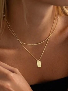 2pcs Stainless Steel Double Layer Chain 26 Letters A-Z Name Initial Pendant Necklace, Women Daily Wear Jewelry Gift For Friend - Yellow Gold - View 3