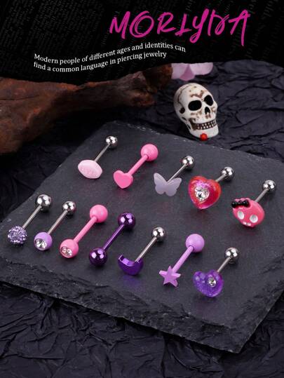 Set de 3 anillos para la lengua de estilo Y2k con diseños de calaveras, lunas, yin yang, mariposas, corazones y flores, de acero inoxidable de 14G, para mujeres y niñas, ideal como regalo para halloween, navidad, san valentín, día de la madre, fiestas y uso diario