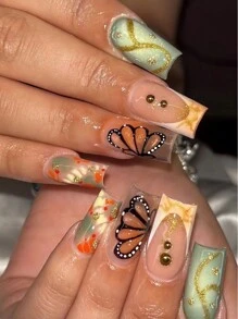 一盒24片中号方形指甲，绿色和橙色渐变，蝴蝶和金色手绘细节，按压式指甲套装，含指甲锉和果冻胶，适合所有女性，展现自然艺术风格，适合日常、旅行和特殊场合，提升指尖优雅气质。美甲用品 指甲 - 彩色 - 查看 2