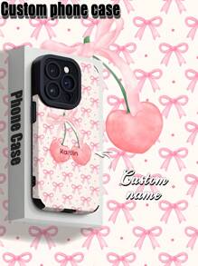 1 个带蝴蝶结和樱桃图案的定制手机壳，可定制字母、姓名、昵称，兼容 iPhone，垂直条纹 PU 皮革防摔、防指纹 TPU 柔软全边保护壳，个人、伴侣、家人、朋友、生日、周年纪念礼物的绝佳选择