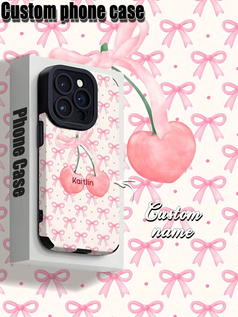 1 个带蝴蝶结和樱桃图案的定制手机壳，可定制字母、姓名、昵称，兼容 iPhone，垂直条纹 PU 皮革防摔、防指纹 TPU 柔软全边保护壳，个人、伴侣、家人、朋友、生日、周年纪念礼物的绝佳选择