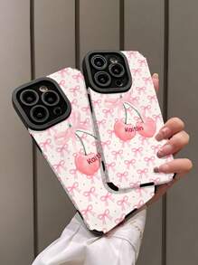 1 个带蝴蝶结和樱桃图案的定制手机壳，可定制字母、姓名、昵称，兼容 iPhone，垂直条纹 PU 皮革防摔、防指纹 TPU 柔软全边保护壳，个人、伴侣、家人、朋友、生日、周年纪念礼物的绝佳选择