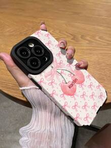 1 个带蝴蝶结和樱桃图案的定制手机壳，可定制字母、姓名、昵称，兼容 iPhone，垂直条纹 PU 皮革防摔、防指纹 TPU 柔软全边保护壳，个人、伴侣、家人、朋友、生日、周年纪念礼物的绝佳选择