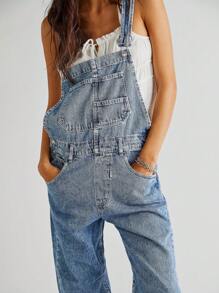 Women Denim Long Jumpsuit Casual Spaghetti Strap Wide Leg Romper Pants Summer Baggy Bib Overalls - 淺藍色 - 查看 8