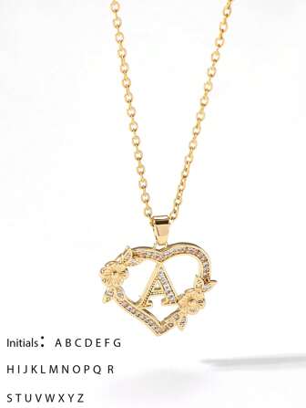 1 Pc Heart-Shaped Floral Letter Necklace Personalized Heart-Shaped Floral 26 Letter Pendant Necklace Suitable For Girls' Birthdays